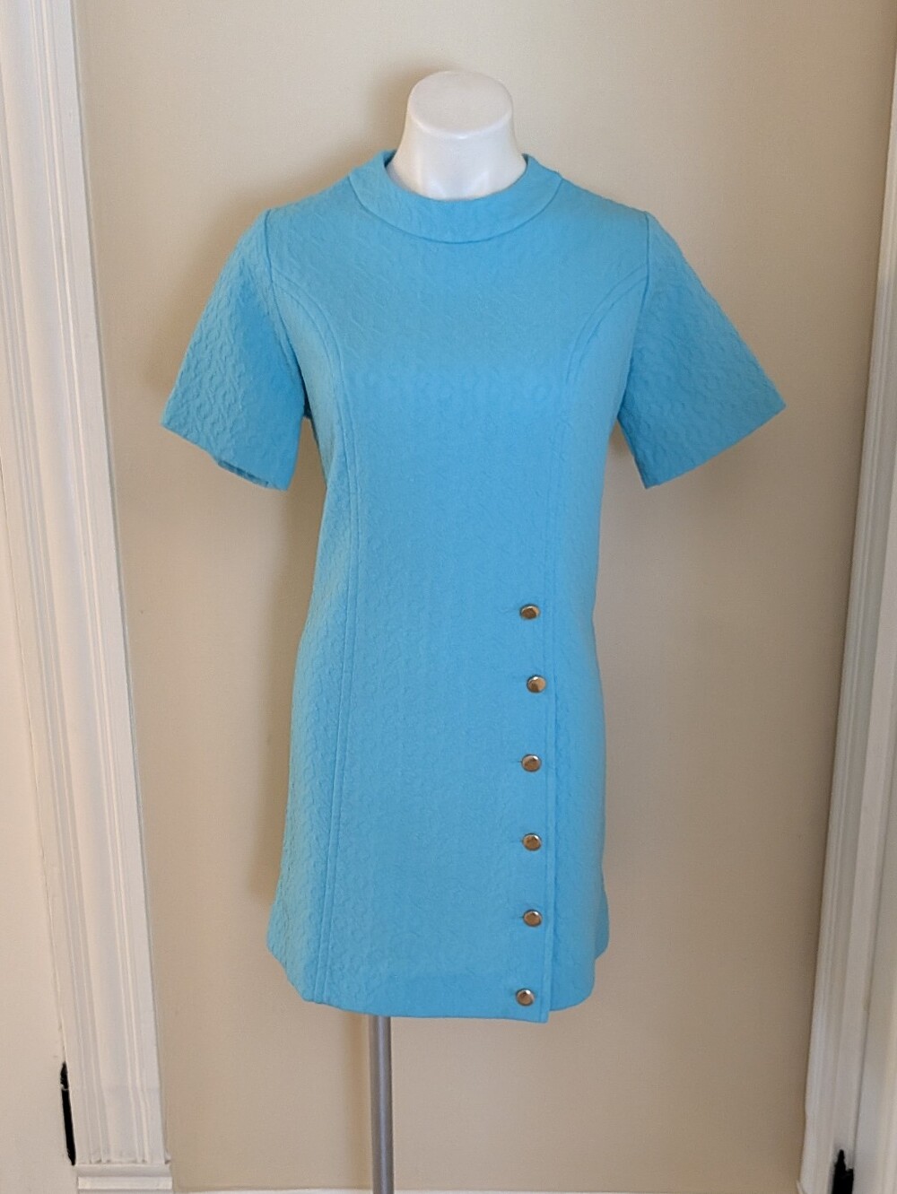 Vintage Cat Artley teal dress with gold buttons size M